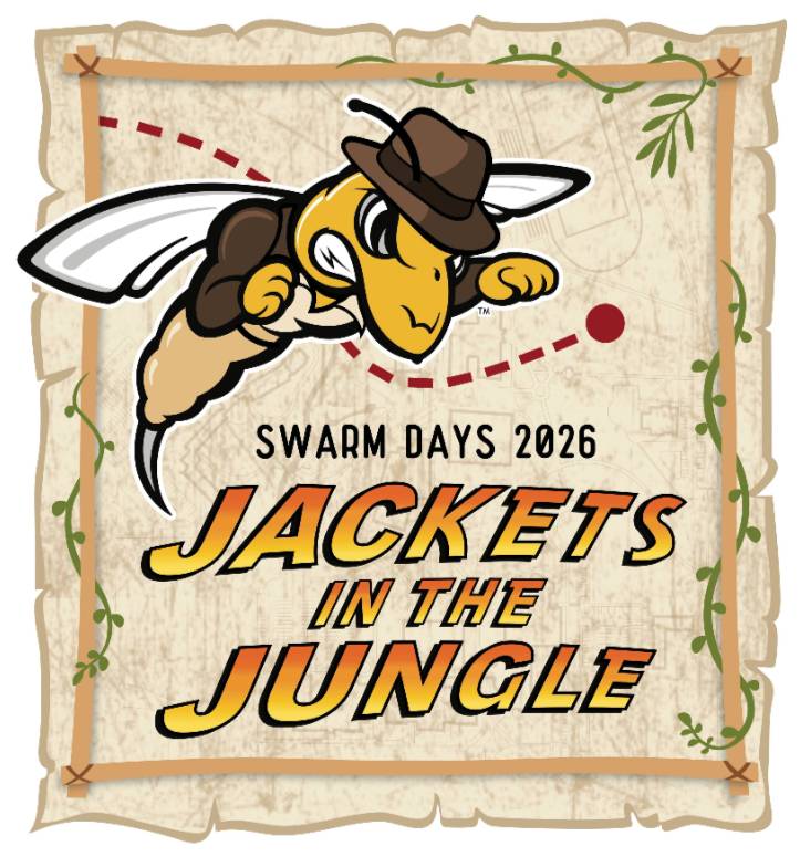 Treasure map–style poster featuring Sting, the BHSU yellow jacket mascot, dressed as an explorer and flying across a parchment map. A red dotted path leads to a red dot. Text reads “SWARM DAYS 2026” and “JACKETS IN THE JUNGLE” in bold orange-yellow letters.