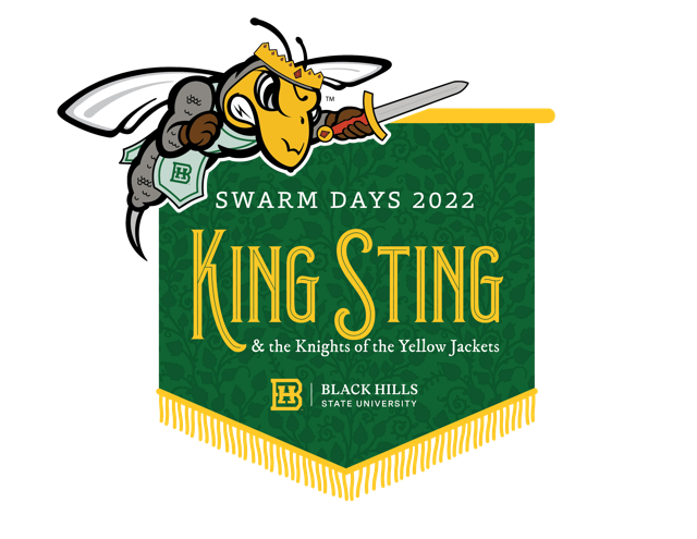 Swarm Days 2022, King Sting & the Knights of the Yellow Jackets graphic; green banner with yellow tassels, graphic of sting in a knight outfit in the upper left corner
