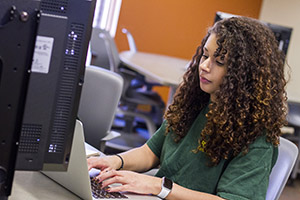 Woman sitting at desk working on her laptop