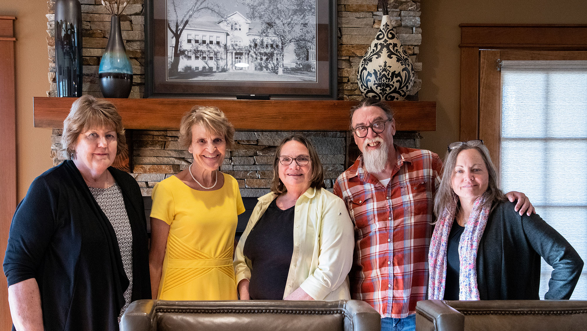 Black Hills State University and President Laurie S. Nichols celebrated eight retiring faculty and staff members during the Retiree Reception held on campus Thursday, May 5. (From left) Terry Bjoram, President Laurie S. Nichols, Margaret (Peggy) Norris, Jerry Rawlings, Christine McCart.