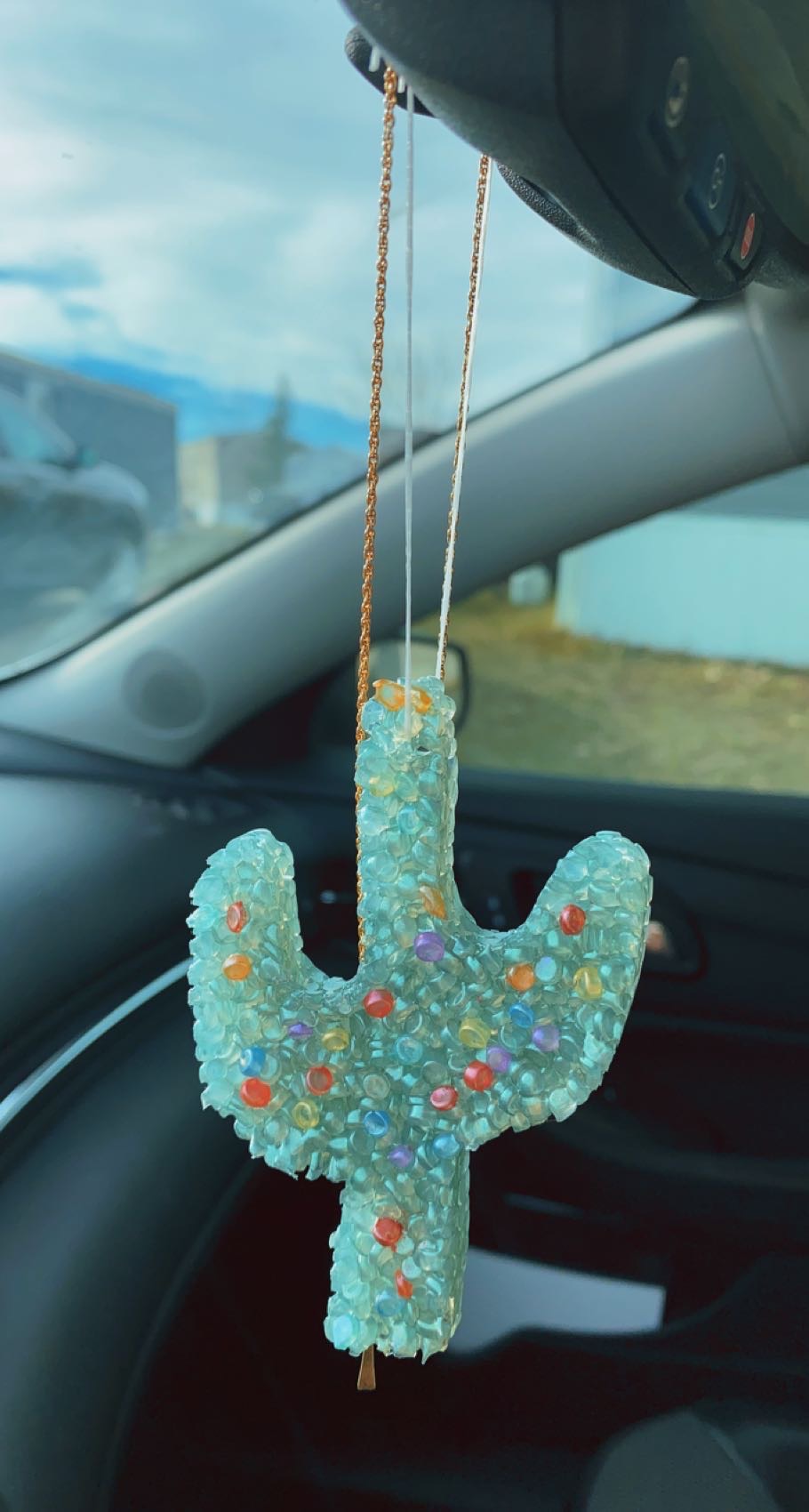 air freshener in the shape of a cactus hanging from a car mirror