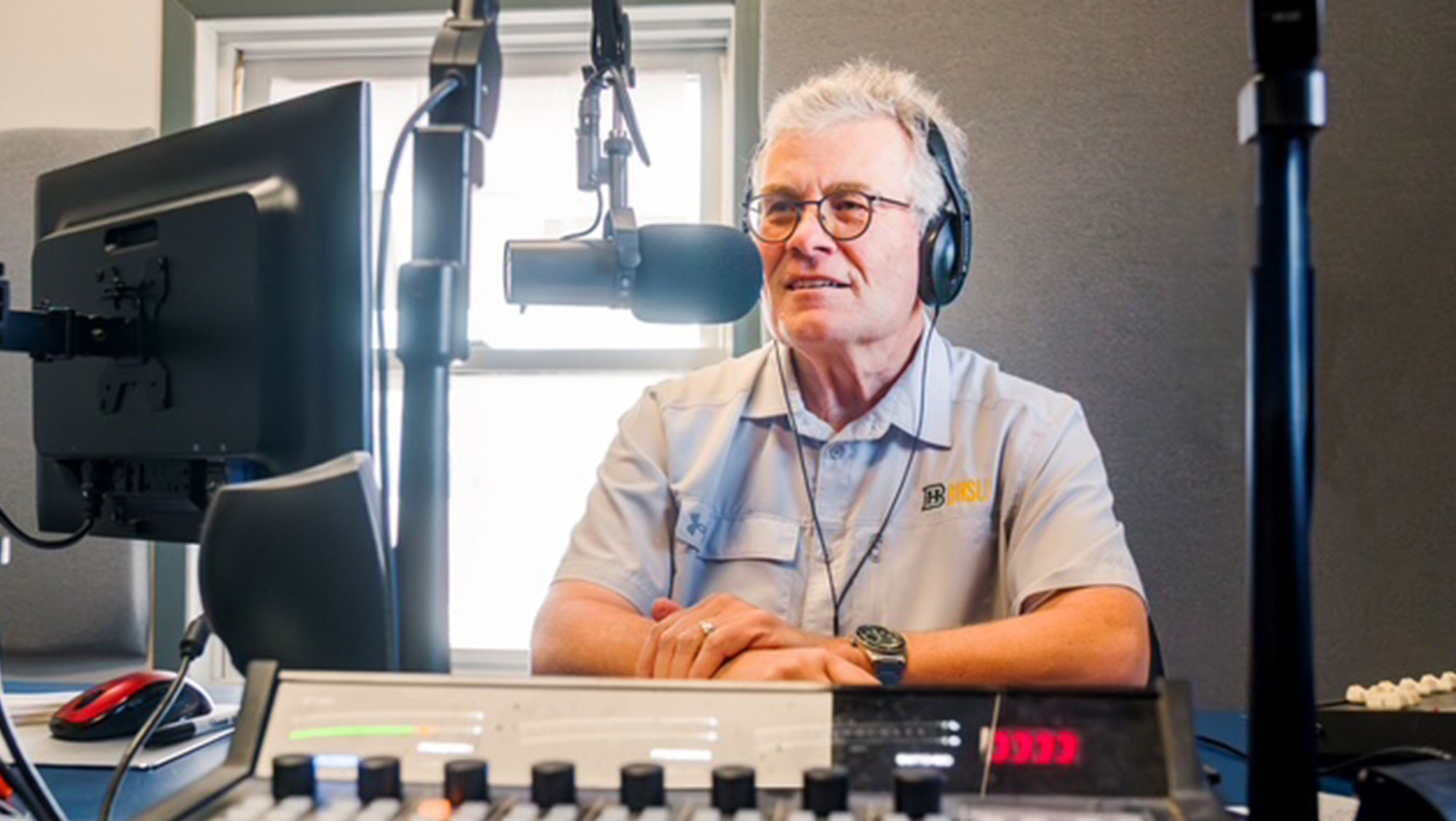 BHSU Vice President for Advancement Steve Meeker records his episode of the "The Last DJ" on Sirius XM