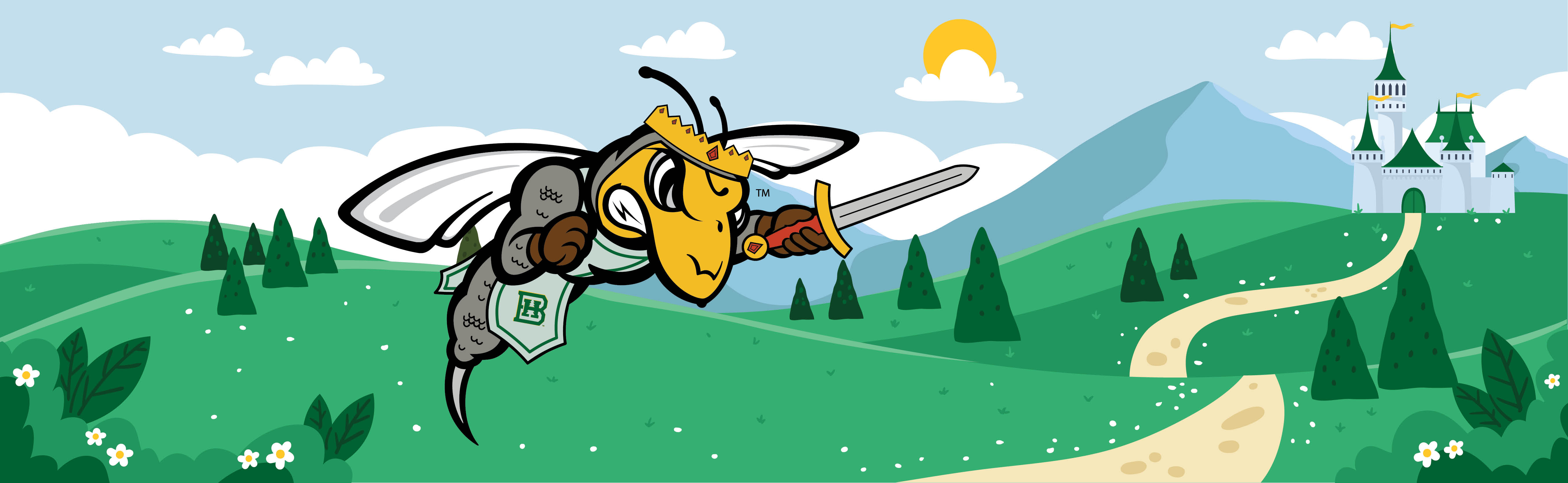 Swarm Days 2022 Banner; background is rolling plains with mountain and blue cloudy sky, Sting in a knight outfit graphic in the center
