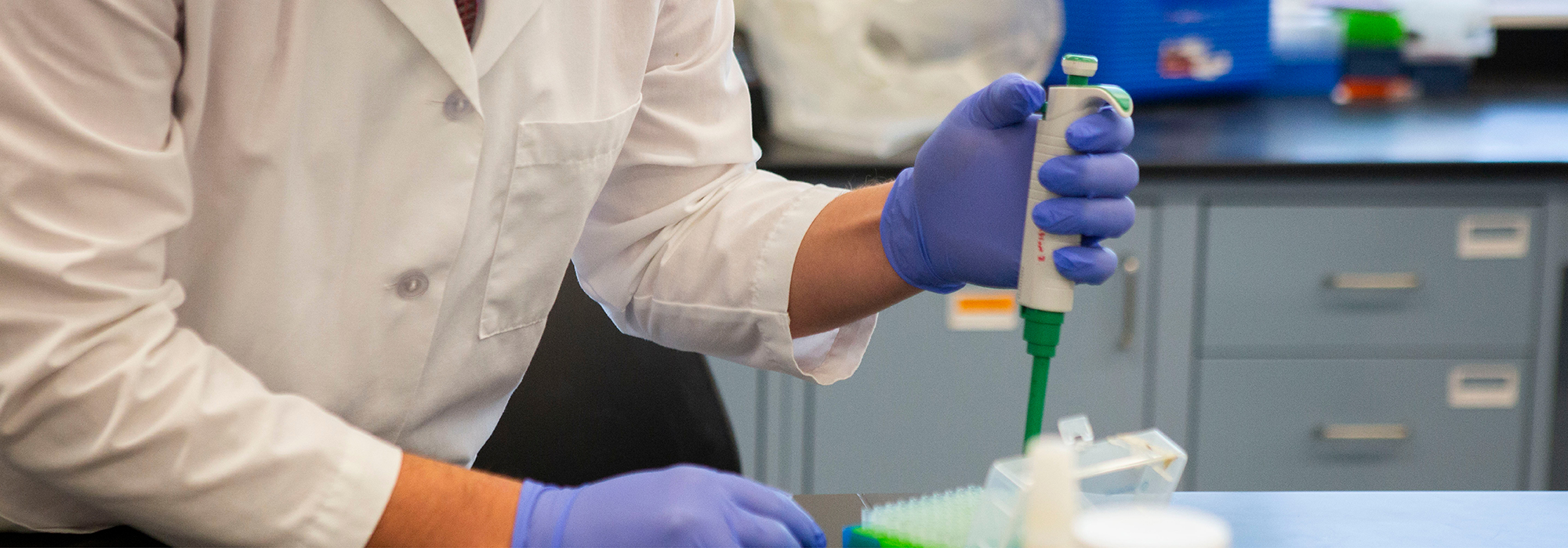 A person fills tubs in a science lab.