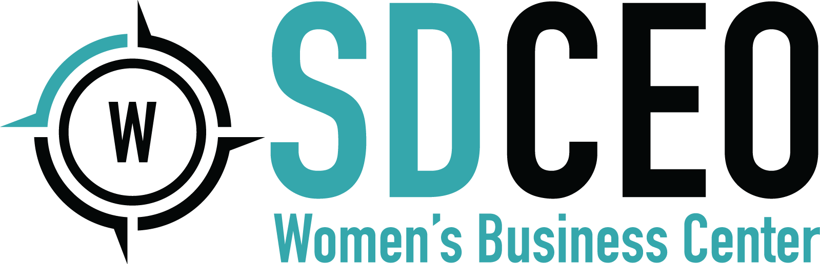 SDCEO Logo Graphic; Women's Business Center; has compass on the left with W in the middle