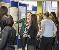 Group of women pointing and talking about a bulletin board