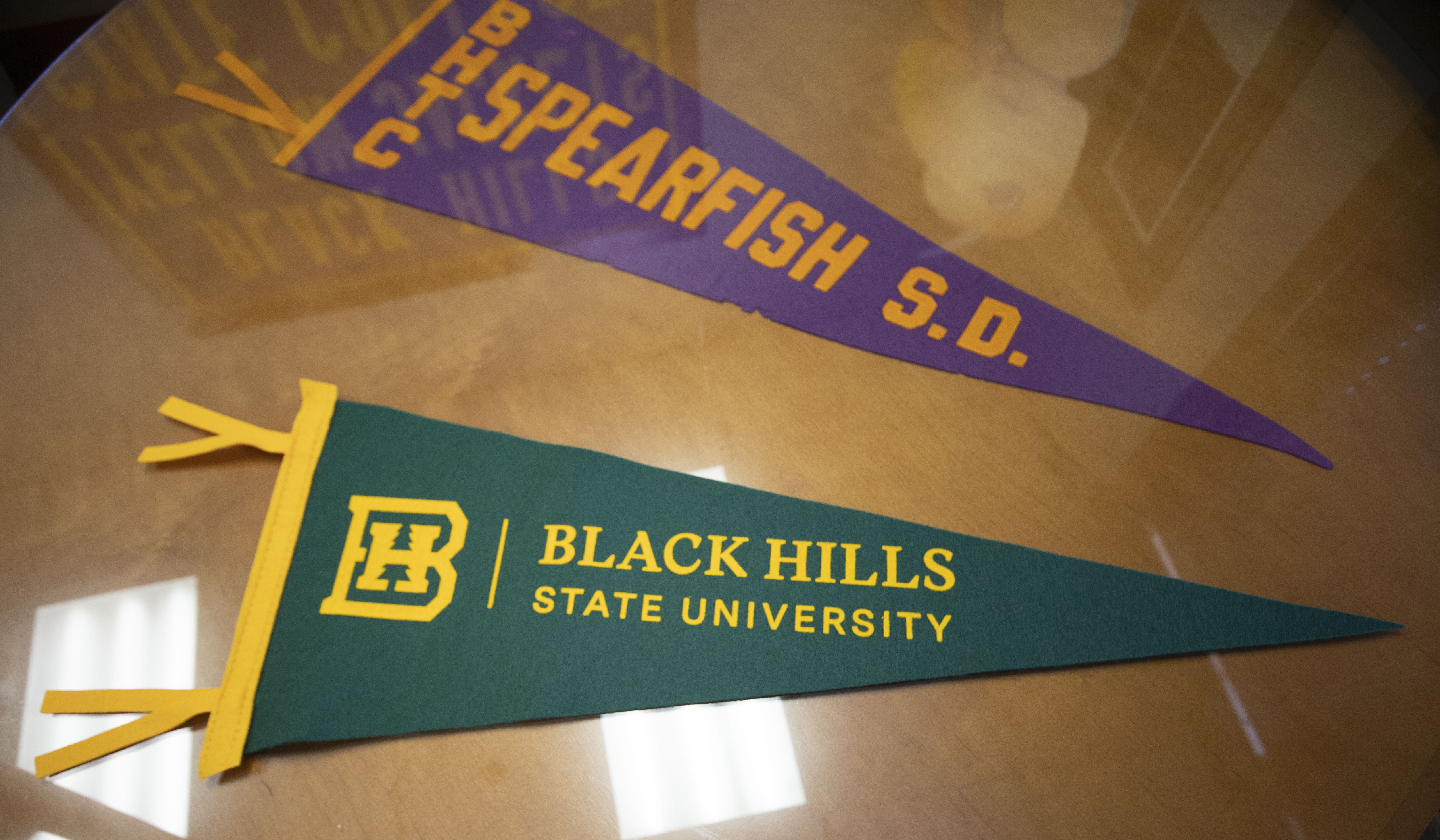 Two pendants for BHSU, one green and gold, the other purple and gold.