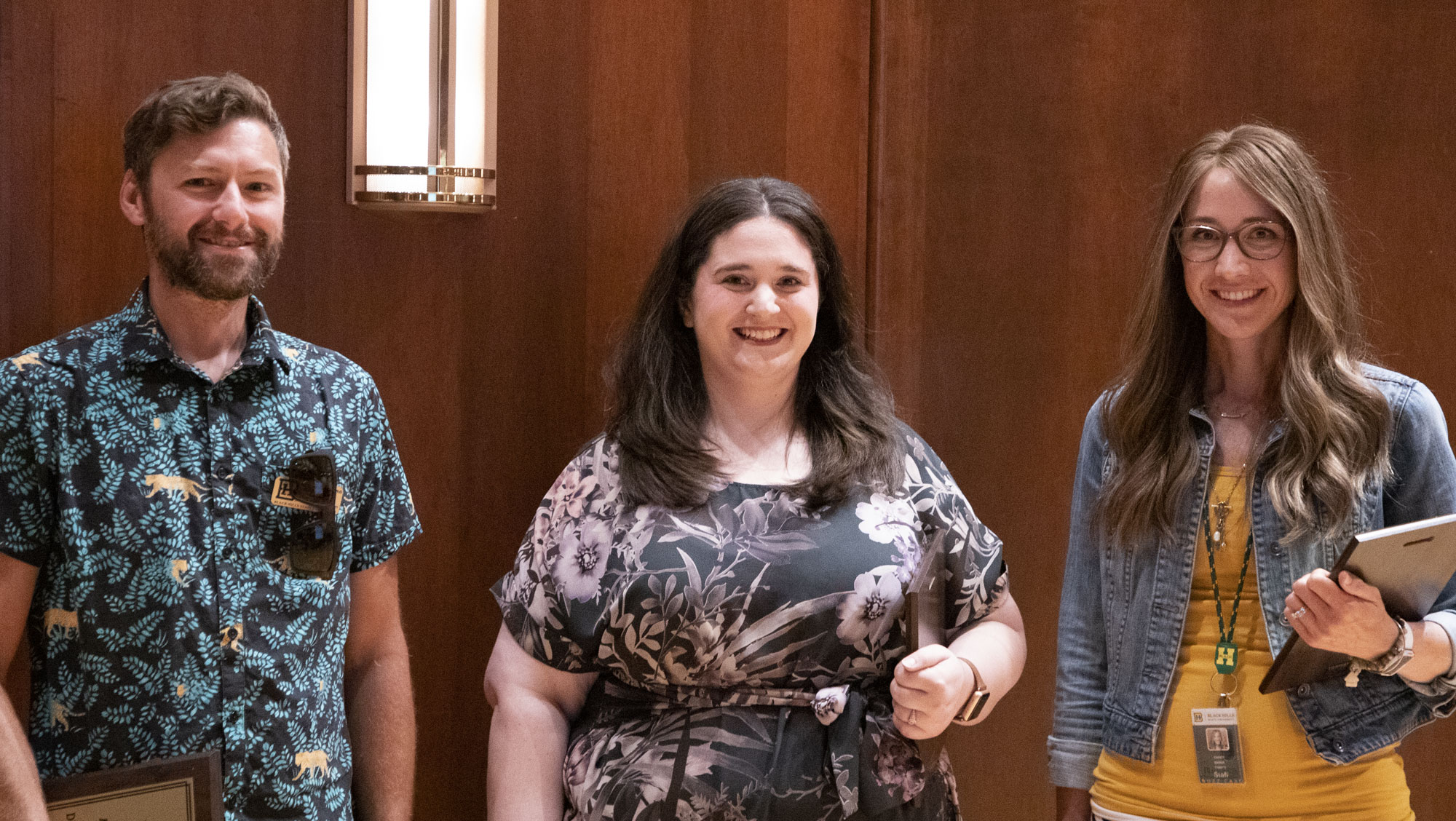 (From Left) Dr. Matthew Pawlus, Maegan Detlefs, and Cassie Maser were named as BHSU employee award recipients during the annual State of the Unviersity address Tuesday, Aug. 16.