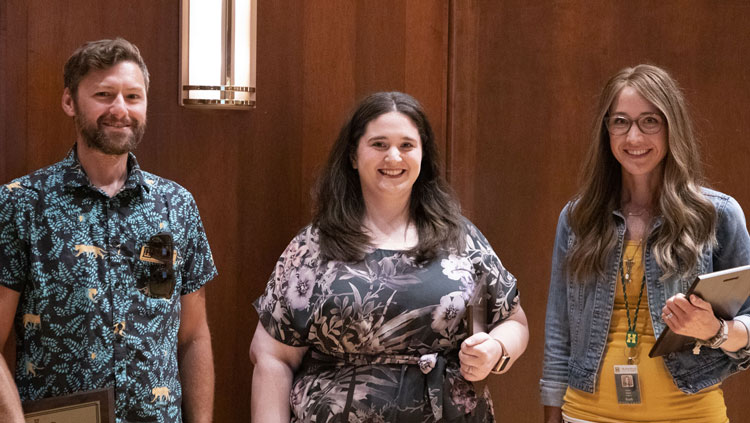 (From Left) Dr. Matthew Pawlus, Maegan Detlefs, and Cassie Maser were named as BHSU employee award recipients during the annual State of the Unviersity address Tuesday, Aug. 16.