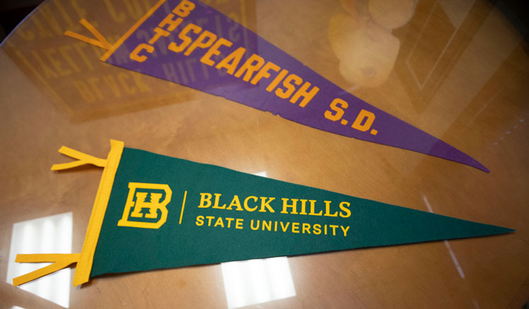 Two pendants for BHSU, one green and gold, the other purple and gold.