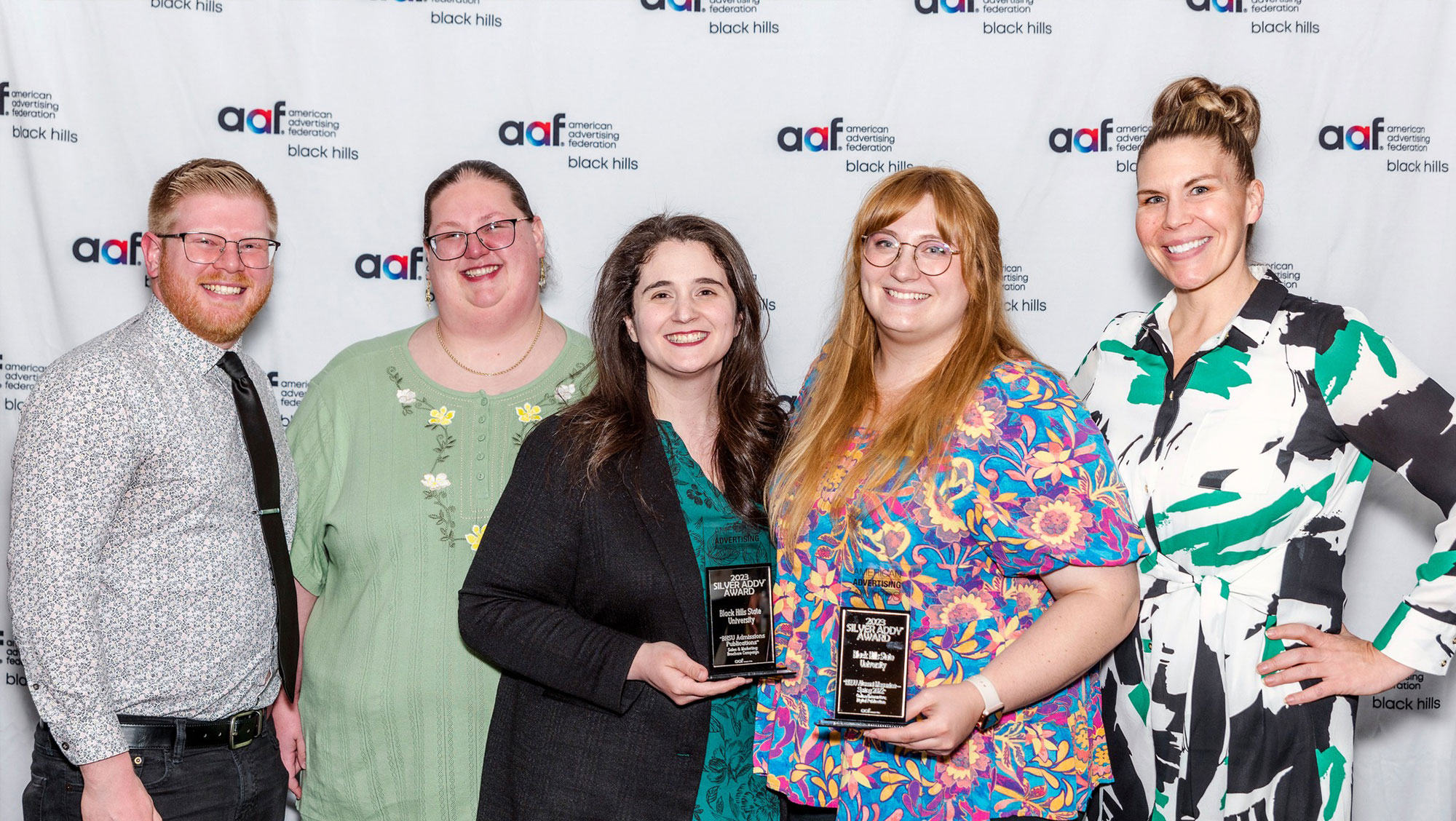 Image courtesy of Jesse Brown Nelson Photography. The BHSU Office of Marketing & Communications received two Silver ADDYs at the 2023 AAF-Black Hills American Advertising Awards. (From left, Scott Lemon, Lori DuBry, Maegan Detlefs, Laurel Boss, Becca Walters. Not pictured, Chuck Williams.