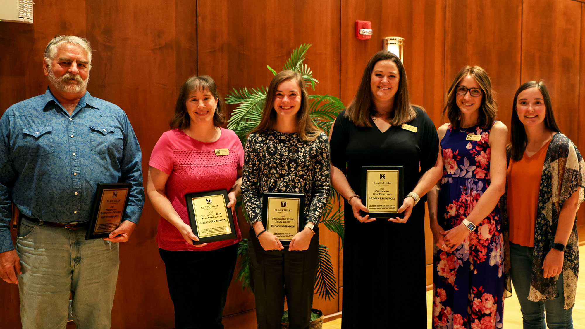 Recipients of the 2023 BHSU Employee Awards pose together for a group photo during the annual State of the University address. (From left: Ven Thompson, Chrstina Nauta, Tessa Sundermann, Melissa Hart, Cassie Maser, and Bailey Froelich.)