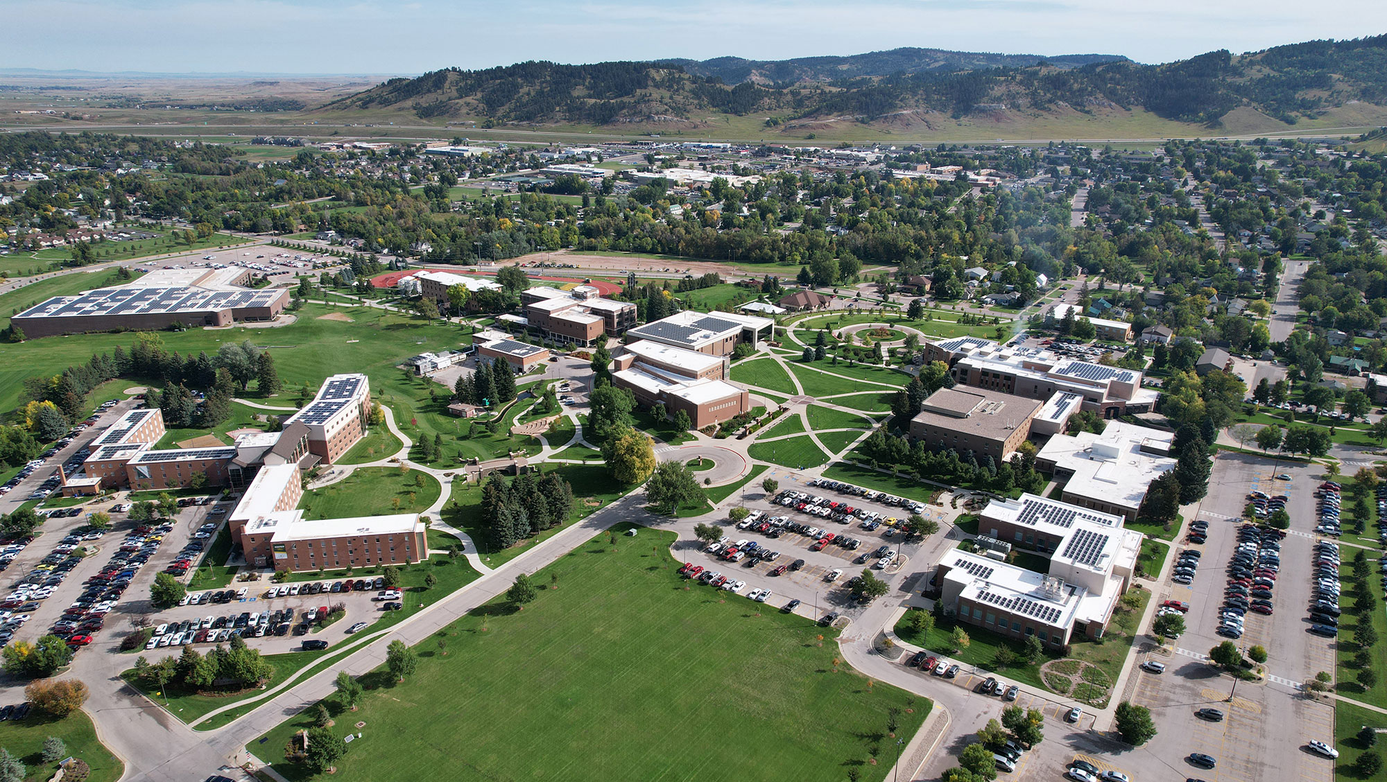 high altitude image of the BHSU campus in late summer with Lookout Mountain in the background