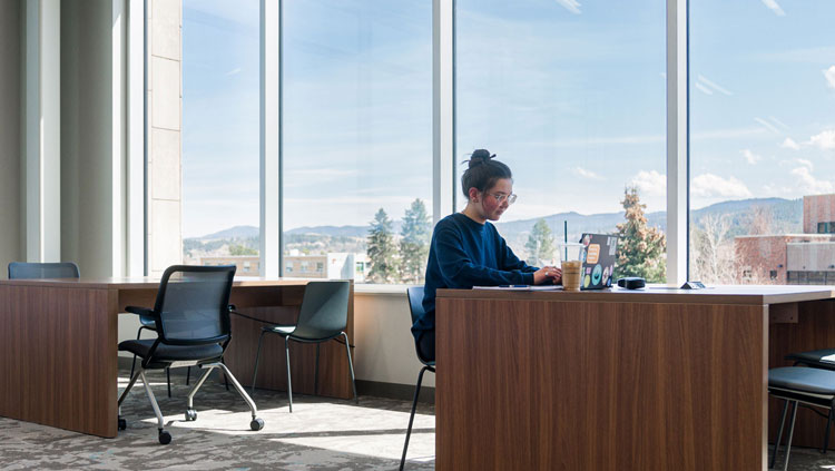 BHSU student on laptop in E.Y. Berry Library with the BHSU campus in the background out the window. Skies are blue and you can see mountains in the background.