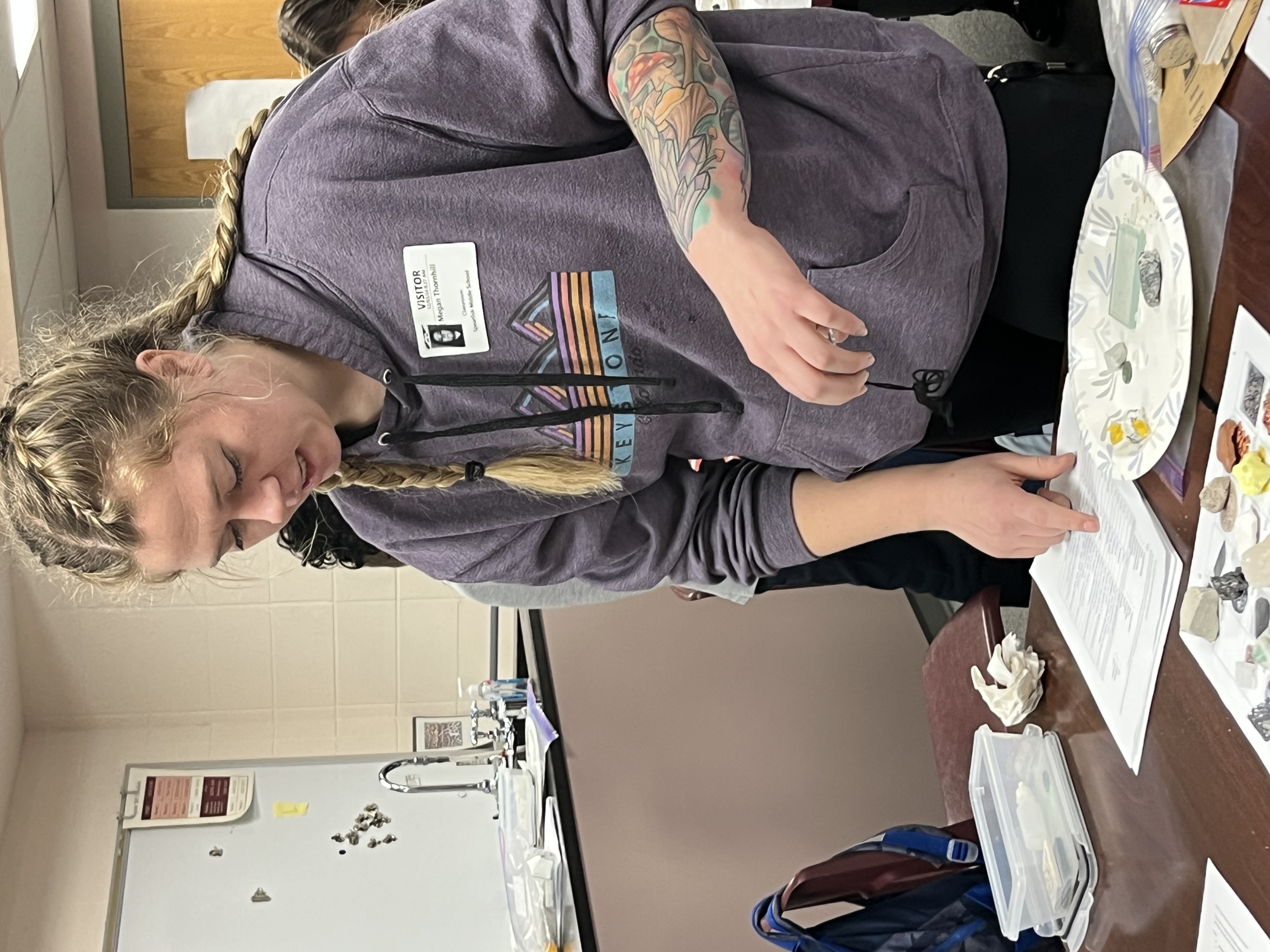Earlier this month,12 BHSU students, including Megan Thornhill (pictured), and Dr. Abigail Domagall, associate professor of Geology at BHSU, visited Spearfish Middle School to offer an interactive learning experience to sixth-grade earth science classes.  