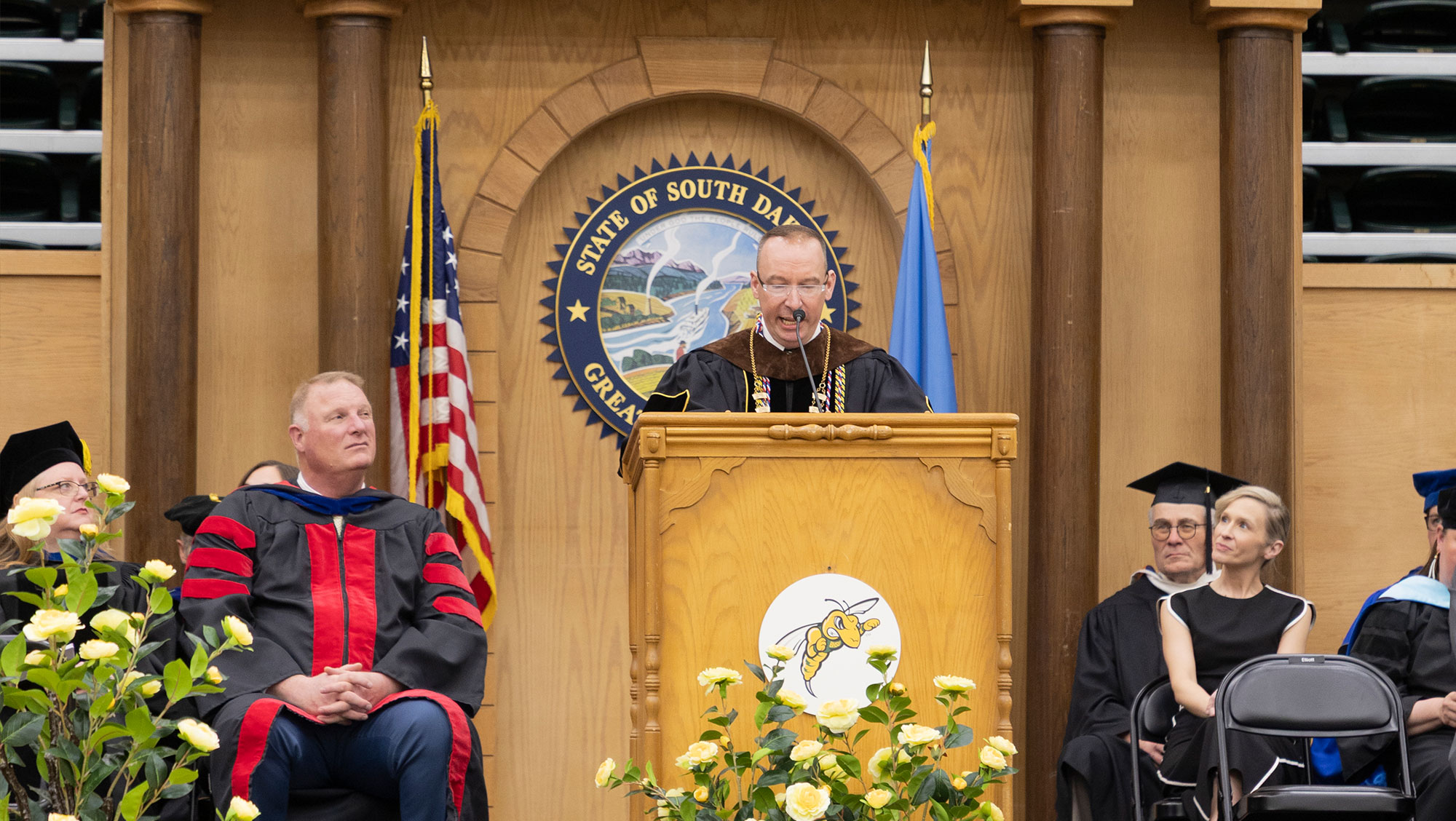 BHSU President Steve Elliott stands behind a podium and gives his remarks during inauguration ceremony as the twelfth president of BHSU.