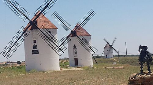 Three windmills located in Castilla-La Mancha, Spain.