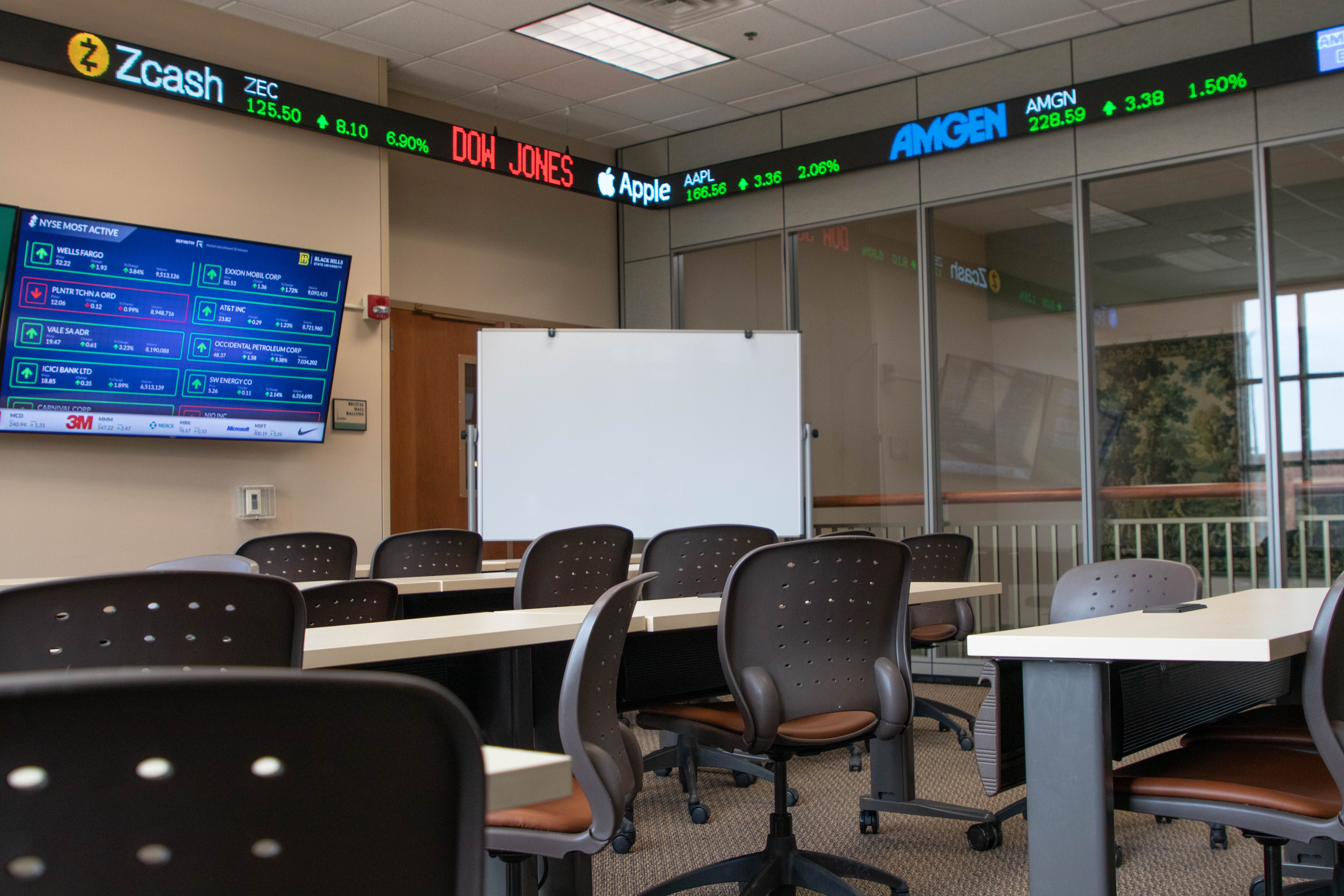 Inside the finance lab in Meier Hall.
