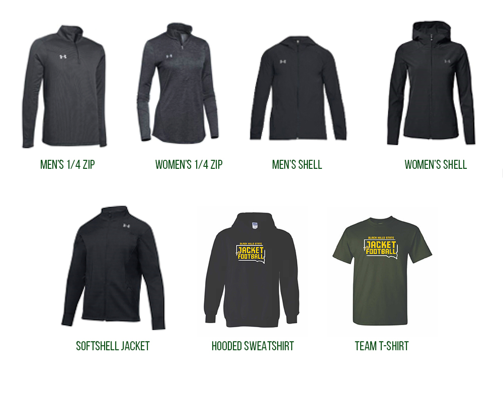 Football fundraiser items including men's 1/4 zip,  women's 1/4 zip, men's shell, women's shell, softshell jacket, hooded sweatshirt, team t-shirt.