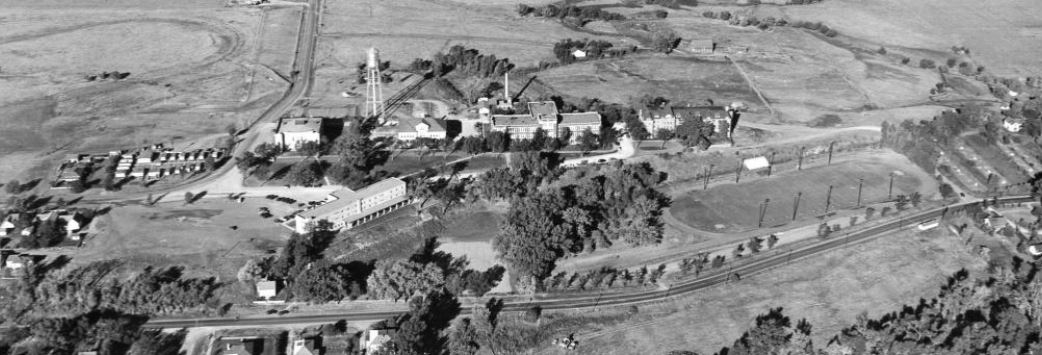 Black and white aerial view of campus