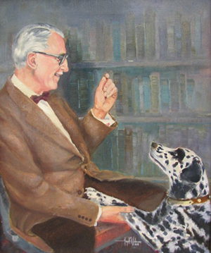 A painting of Leland Case on the left with a dalmatian on the right