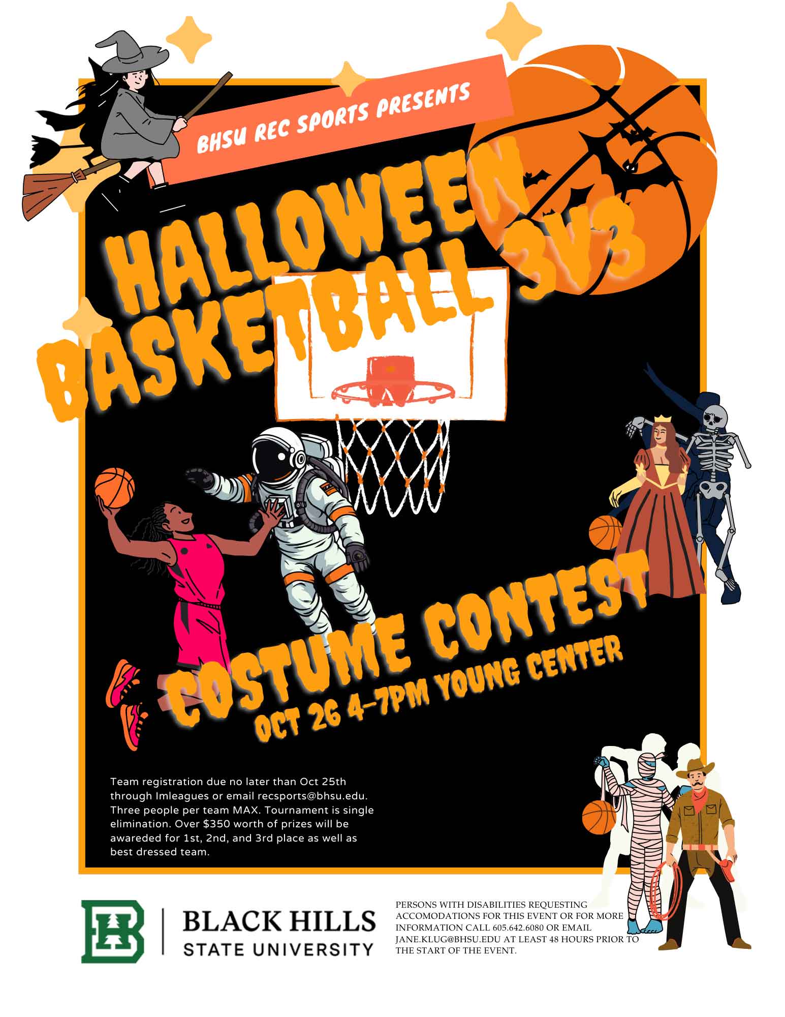 Poster for BHSU Rec Sports Halloween Basketball and Costume Contest