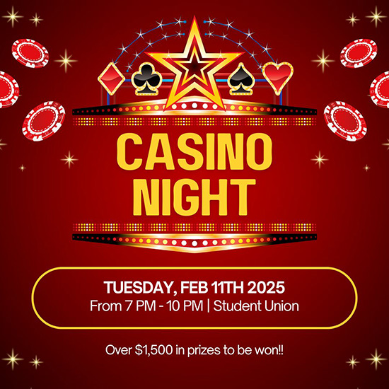 Poster that reads "Casino Night" with all the information listed above. There are card suits and poker chips