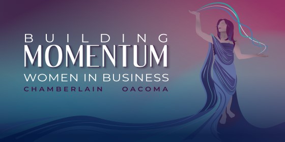 An illustration of a women dancing next to the text "Building Momentum Women in Business, Chamberlain Oacoma