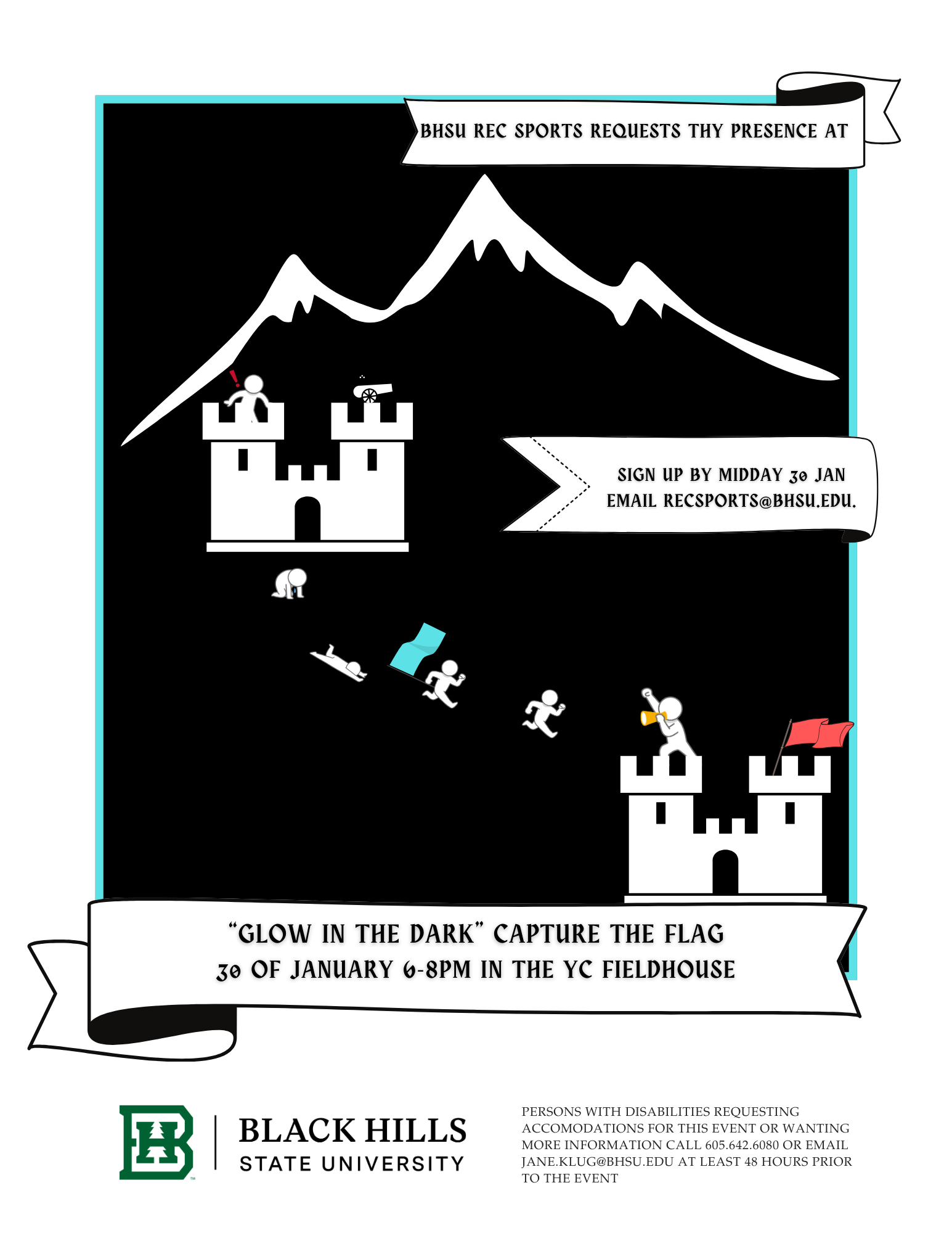 poster with mountains and two castles with people fighting over a blue and red flag