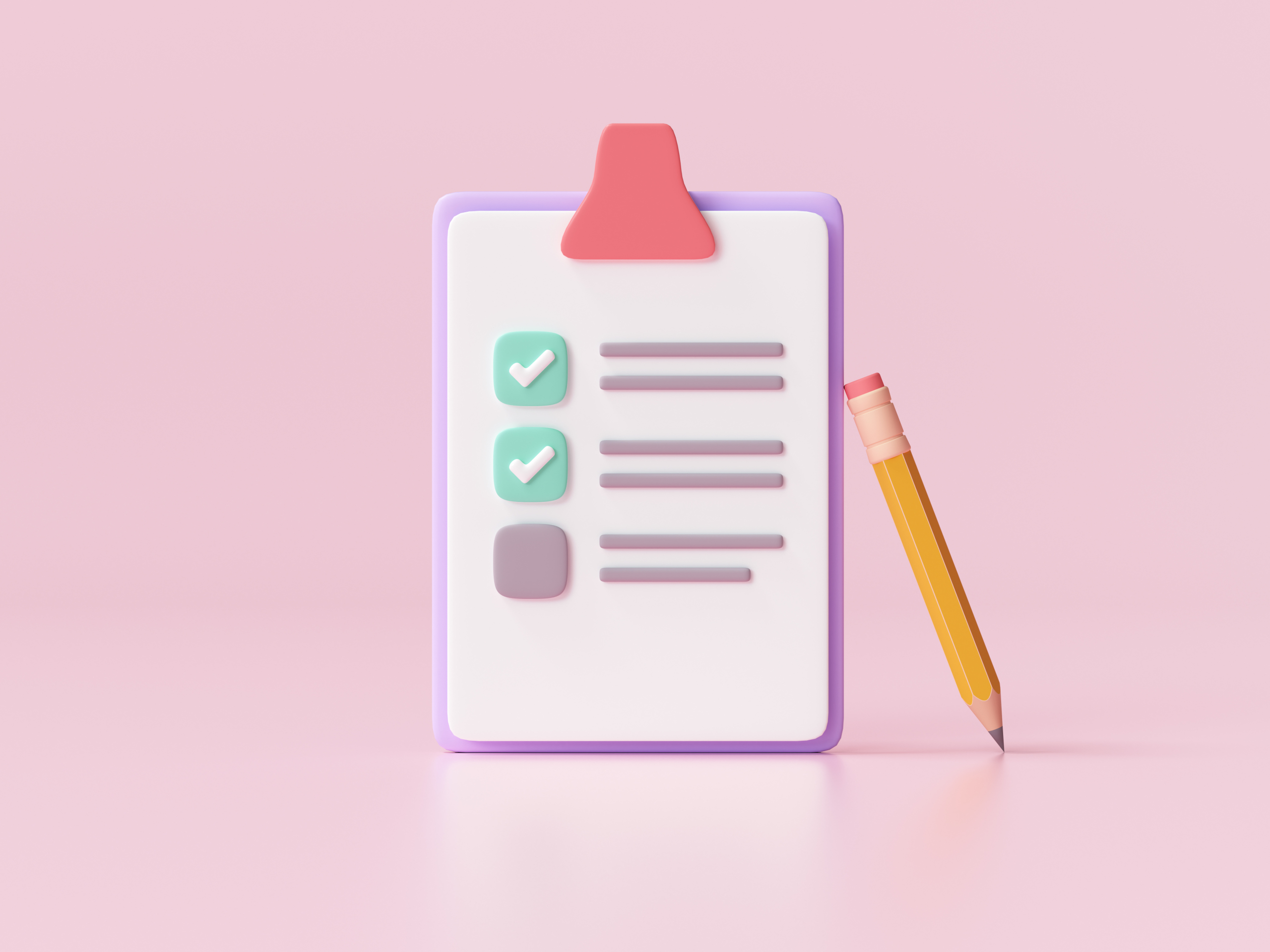 A cartoon checklist on a clipboard with a pencil with a pink background