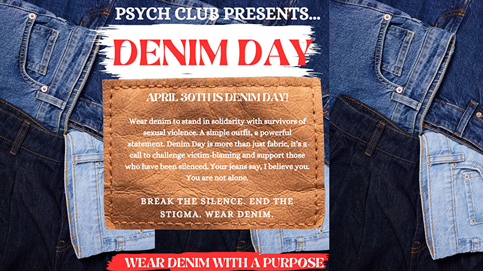 A poster for Denim Day with different kinds of jeans in the background and all the information about Denim Day is written on a jean leather tag
