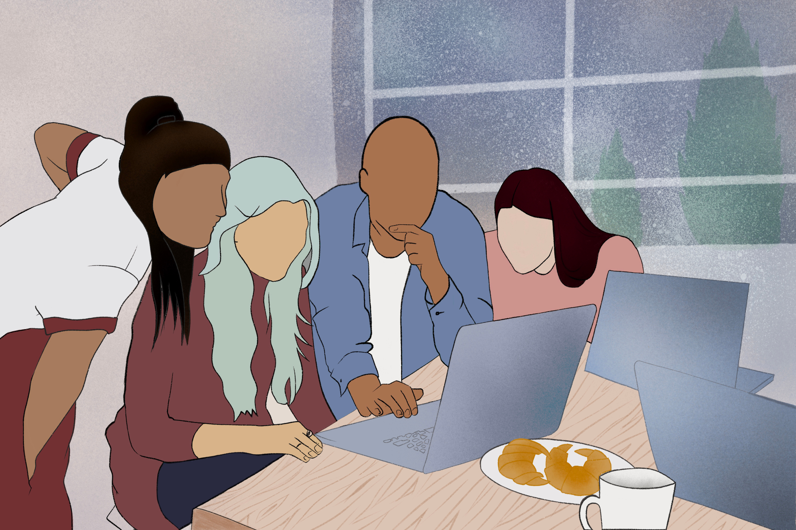 Cartoon image of four individuals looking at a computer screen together.