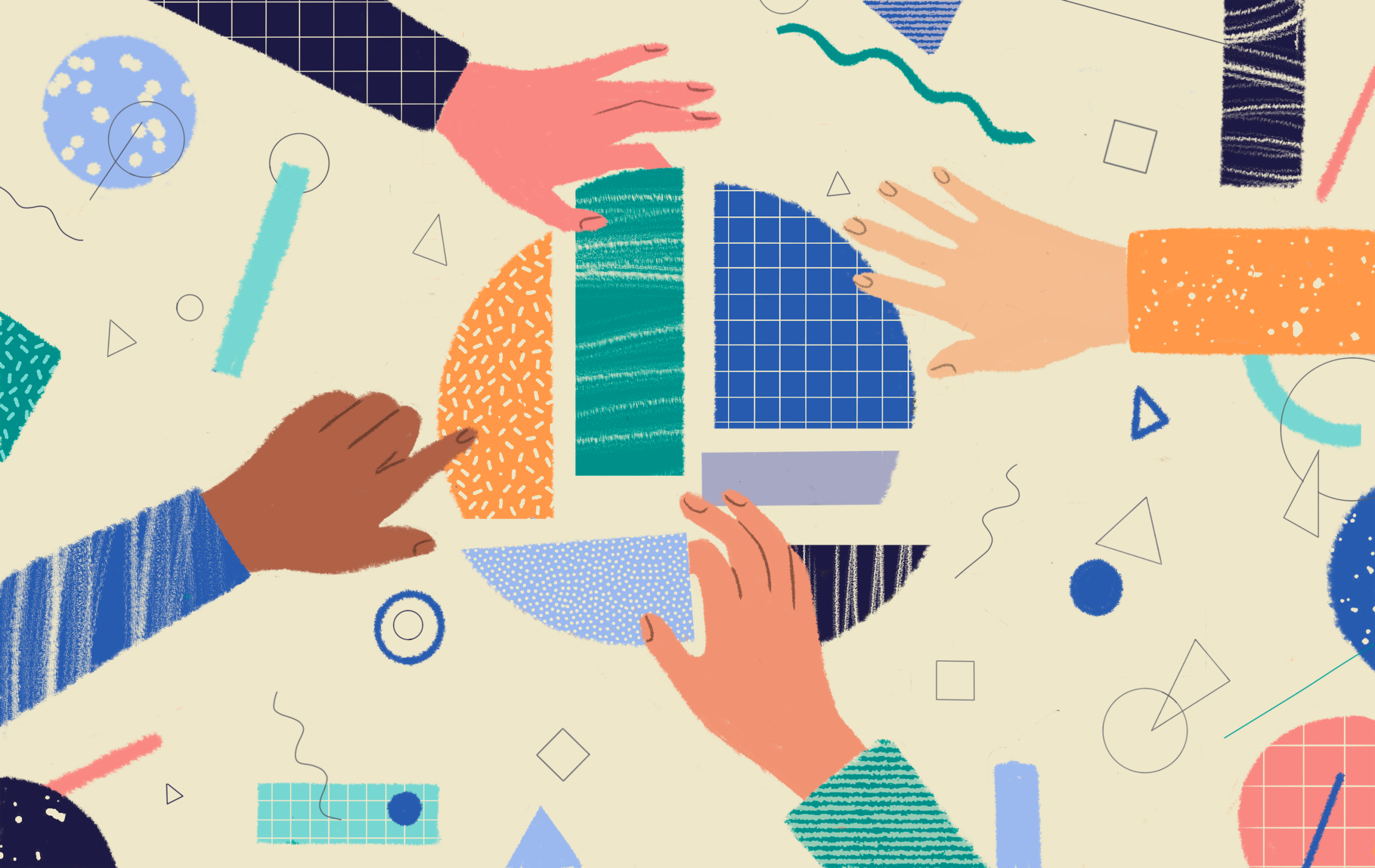 Four cartoon hands of different skin tones reach toward the center of the image with geometric shapes in the background.