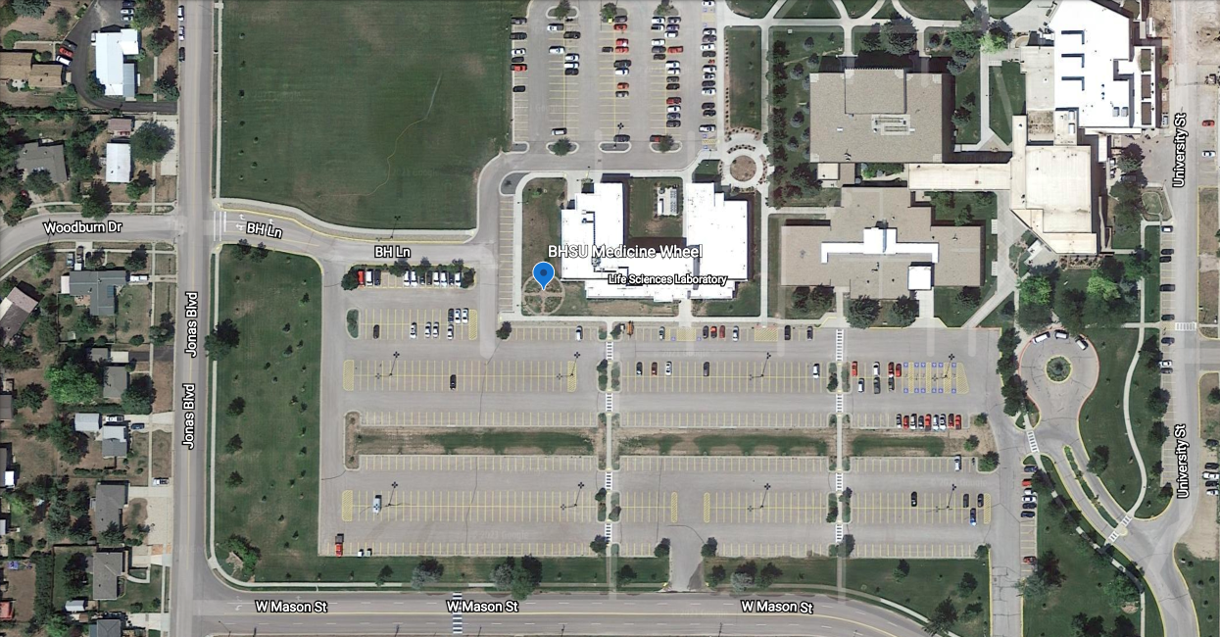 A map displaying the location of the BHSU Medicine Wheel. It is located outside of the Life Sciences Laboratory.