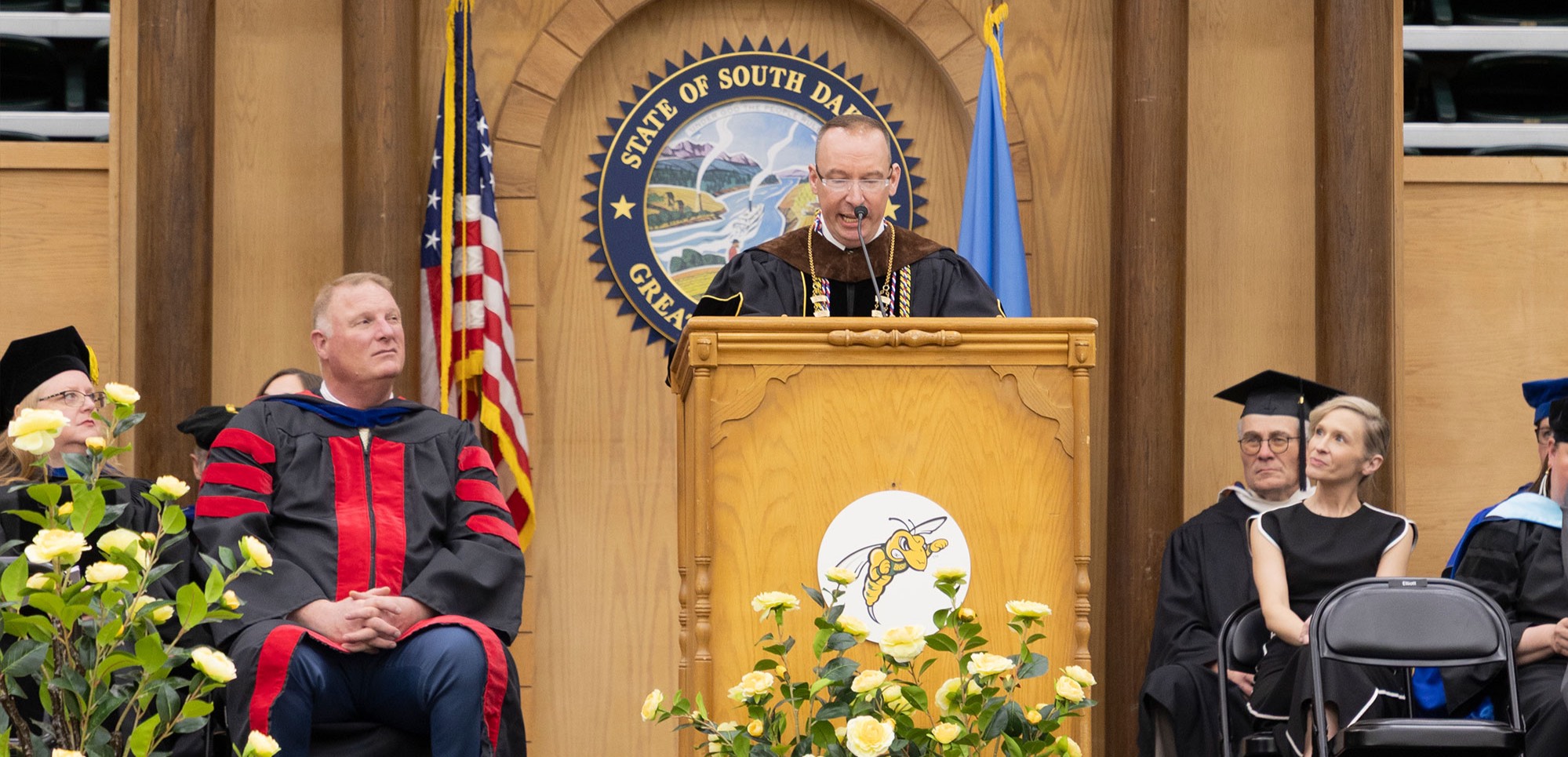 BHSU President Steve Elliott stands behind a podium and gives his remarks during inauguration ceremony as the twelfth president of BHSU.