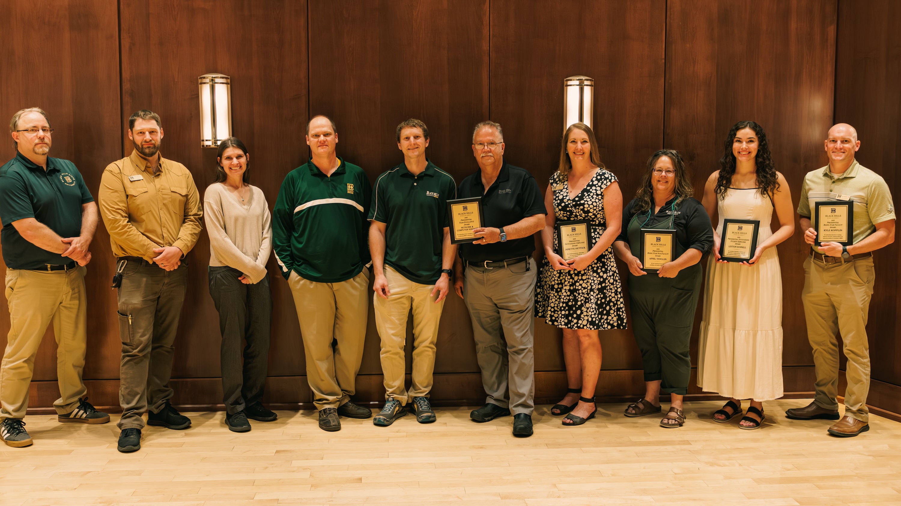 Several BHSU faculty and staff members were recognized with employee awards at BHSU’s annual State of the University address. Recipients included (from left) Gus Karinen, Jesse Shelbourn, Sydney Guericke, Garrett Stevens, Ryan Delzer, Fred Nelson, Janette Hettick, April Yenglin, Leyton Schnell, and Kyle Kopplin.
