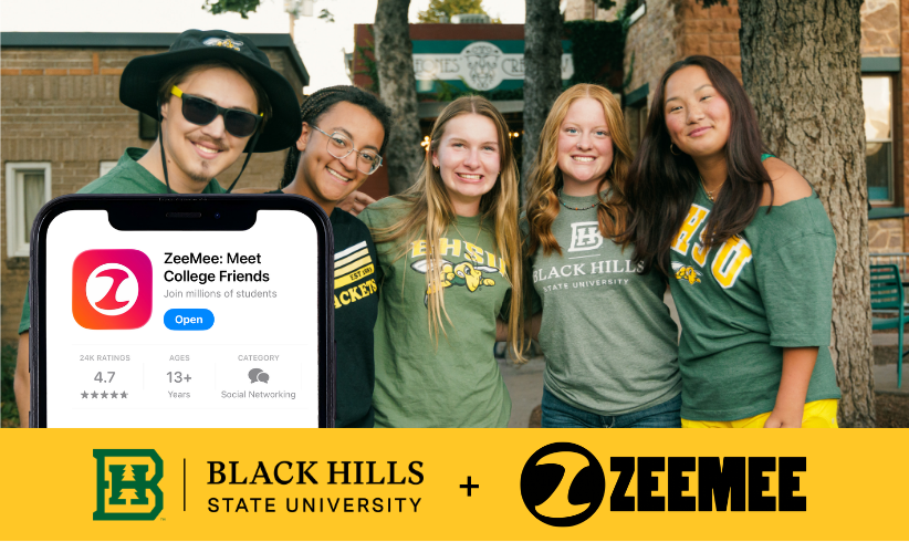 Image of 5 BHSU students. In front of theme is an image of a phone with the ZeeMee app page pulled up. The BHUS and ZeeMee logo are on the bottom in a yellow box.