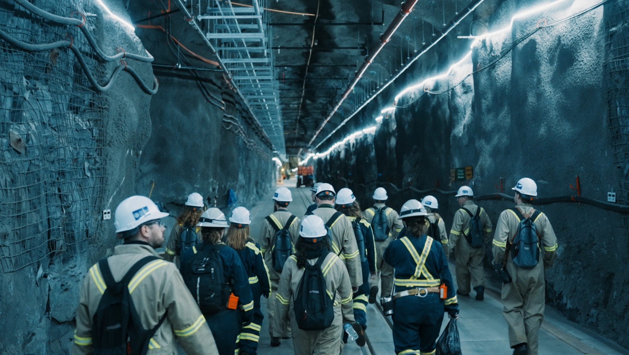 several workers in the black hills state university underground campus head through a tunnel