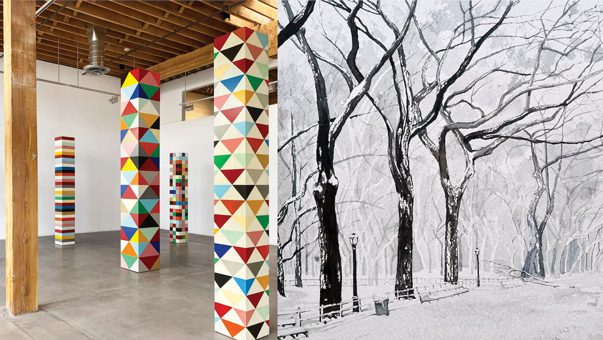 Composite image featuring artwork by Pard Morrison and David Pyle. On the left, Morrison's colorful geometric column sculptures are displayed in a gallery space. On the right, Pyle's monochromatic artwork depicts a tree-lined pathway in a winter landscape.