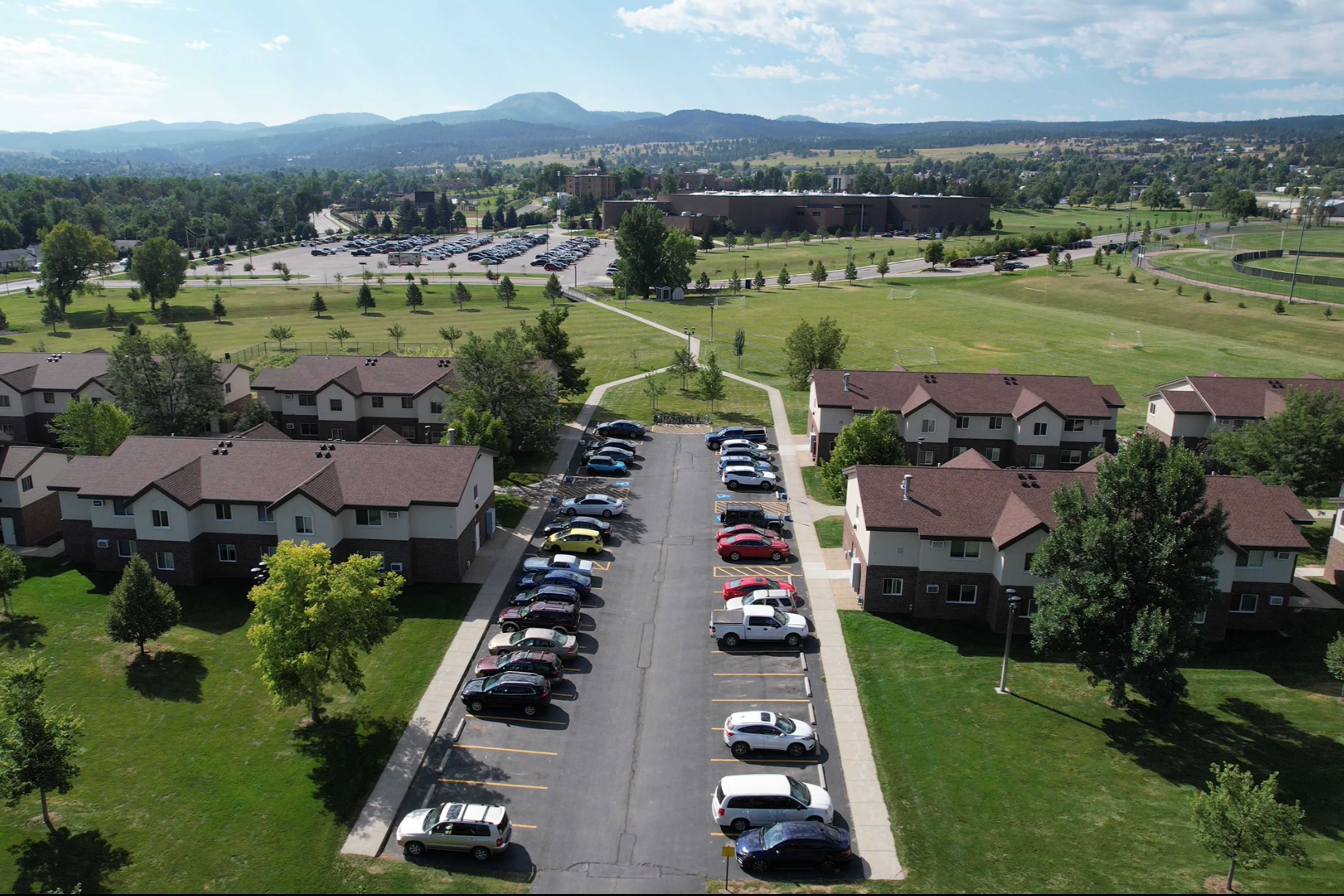 Drone image of the Yellow Jacket Apartments.
