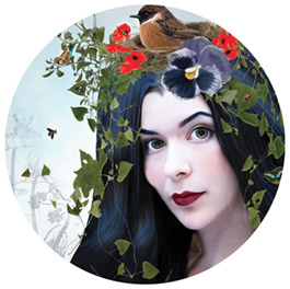 Portrait drawing/painting of a women with flowers, leafs, and a bird on her head.