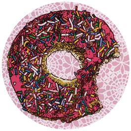 Print of a donut with a bite taken out of it.
